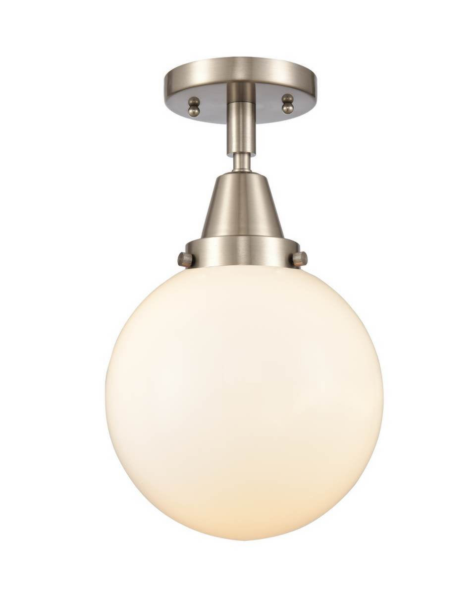 447-1C-SN-G201-8 1-Light 8" Brushed Satin Nickel Flush Mount - Matte White Cased Beacon Glass - LED Bulb - Dimmensions: 8 x 8 x 12.75 - Sloped Ceiling Compatible: No