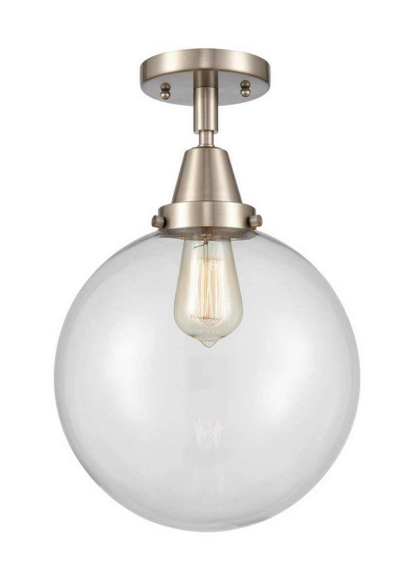 447-1C-SN-G202-10 1-Light 10" Brushed Satin Nickel Flush Mount - Clear Beacon Glass - LED Bulb - Dimmensions: 10 x 10 x 12.5 - Sloped Ceiling Compatible: No