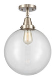 447-1C-SN-G202-12 1-Light 12" Brushed Satin Nickel Flush Mount - Clear Beacon Glass - LED Bulb - Dimmensions: 12 x 12 x 14.5 - Sloped Ceiling Compatible: No
