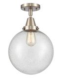 447-1C-SN-G204-10 1-Light 10" Brushed Satin Nickel Flush Mount - Seedy Beacon Glass - LED Bulb - Dimmensions: 10 x 10 x 12.5 - Sloped Ceiling Compatible: No