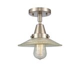 447-1C-SN-G2 1-Light 8.5" Brushed Satin Nickel Flush Mount - Clear Halophane Glass - LED Bulb - Dimmensions: 8.5 x 8.5 x 7 - Sloped Ceiling Compatible: No