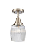 447-1C-SN-G302 1-Light 5.5" Brushed Satin Nickel Flush Mount - Thick Clear Halophane Colton Glass - LED Bulb - Dimmensions: 5.5 x 5.5 x 10.5 - Sloped Ceiling Compatible: No
