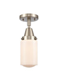 447-1C-SN-G311 1-Light 4.5" Brushed Satin Nickel Flush Mount - Matte White Cased Dover Glass - LED Bulb - Dimmensions: 4.5 x 4.5 x 9.75 - Sloped Ceiling Compatible: No