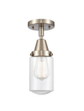 447-1C-SN-G312 1-Light 4.5" Brushed Satin Nickel Flush Mount - Clear Dover Glass - LED Bulb - Dimmensions: 4.5 x 4.5 x 9.75 - Sloped Ceiling Compatible: No