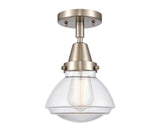 447-1C-SN-G322 1-Light 6.75" Brushed Satin Nickel Flush Mount - Clear Olean Glass - LED Bulb - Dimmensions: 6.75 x 6.75 x 7.75 - Sloped Ceiling Compatible: No