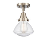 447-1C-SN-G324 1-Light 6.75" Brushed Satin Nickel Flush Mount - Seedy Olean Glass - LED Bulb - Dimmensions: 6.75 x 6.75 x 7.75 - Sloped Ceiling Compatible: No