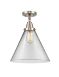 447-1C-SN-G42-L 1-Light 12" Brushed Satin Nickel Flush Mount - Clear Cone 12" Glass - LED Bulb - Dimmensions: 12 x 12 x 15.5 - Sloped Ceiling Compatible: No