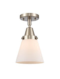 447-1C-SN-G61 1-Light 6.25" Brushed Satin Nickel Flush Mount - Matte White Cased Small Cone Glass - LED Bulb - Dimmensions: 6.25 x 6.25 x 10 - Sloped Ceiling Compatible: No