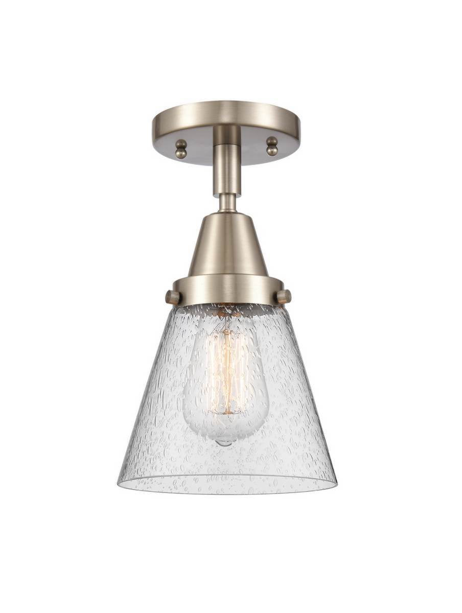447-1C-SN-G64 1-Light 6.25" Brushed Satin Nickel Flush Mount - Seedy Small Cone Glass - LED Bulb - Dimmensions: 6.25 x 6.25 x 10 - Sloped Ceiling Compatible: No