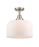 447-1C-SN-G71-L 1-Light 12" Brushed Satin Nickel Flush Mount - Matte White Cased X-Large Bell Glass - LED Bulb - Dimmensions: 12 x 12 x 12.5 - Sloped Ceiling Compatible: No