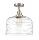 447-1C-SN-G713-L 1-Light 12" Brushed Satin Nickel Flush Mount - Clear Deco Swirl X-Large Bell Glass - LED Bulb - Dimmensions: 12 x 12 x 12.5 - Sloped Ceiling Compatible: No