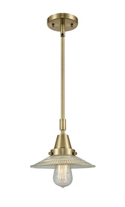 Stem Hung 8.5" Antique Brass Mini Pendant - Clear Halophane Glass LED