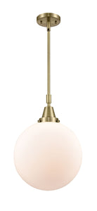 Stem Hung 12" Antique Brass Mini Pendant - Matte White Cased Beacon Glass LED