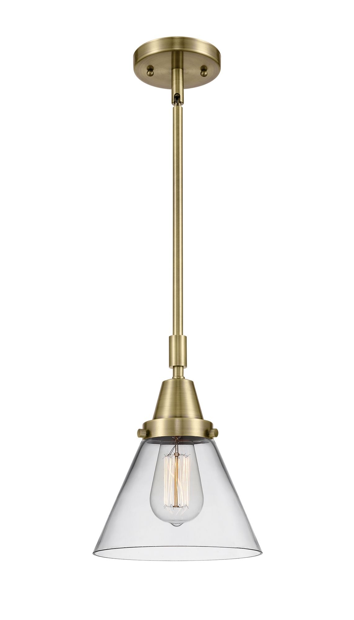 Stem Hung 8" Antique Brass Mini Pendant - Clear Large Cone Glass LED
