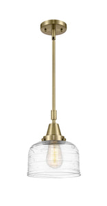 Stem Hung 8" Antique Brass Mini Pendant - Clear Deco Swirl Large Bell Glass LED