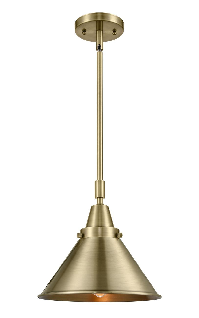 447-1S-AB-M10-AB Stem Hung 10" Antique Brass Mini Pendant - Antique Brass Briarcliff Shade - LED Bulb - Dimmensions: 10 x 10 x 11.125<br>Minimum Height : 14.125<br>Maximum Height : 44.125 - Sloped Ceiling Compatible: Yes