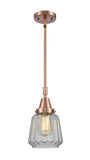 447-1S-AC-G142 Stem Hung 7" Antique Copper Mini Pendant - Clear Chatham Glass - LED Bulb - Dimmensions: 7 x 7 x 9.125<br>Minimum Height : 12.125<br>Maximum Height : 42.125 - Sloped Ceiling Compatible: Yes