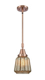 447-1S-AC-G146 Stem Hung 7" Antique Copper Mini Pendant - Mercury Plated Chatham Glass - LED Bulb - Dimmensions: 7 x 7 x 9.125<br>Minimum Height : 12.125<br>Maximum Height : 42.125 - Sloped Ceiling Compatible: Yes
