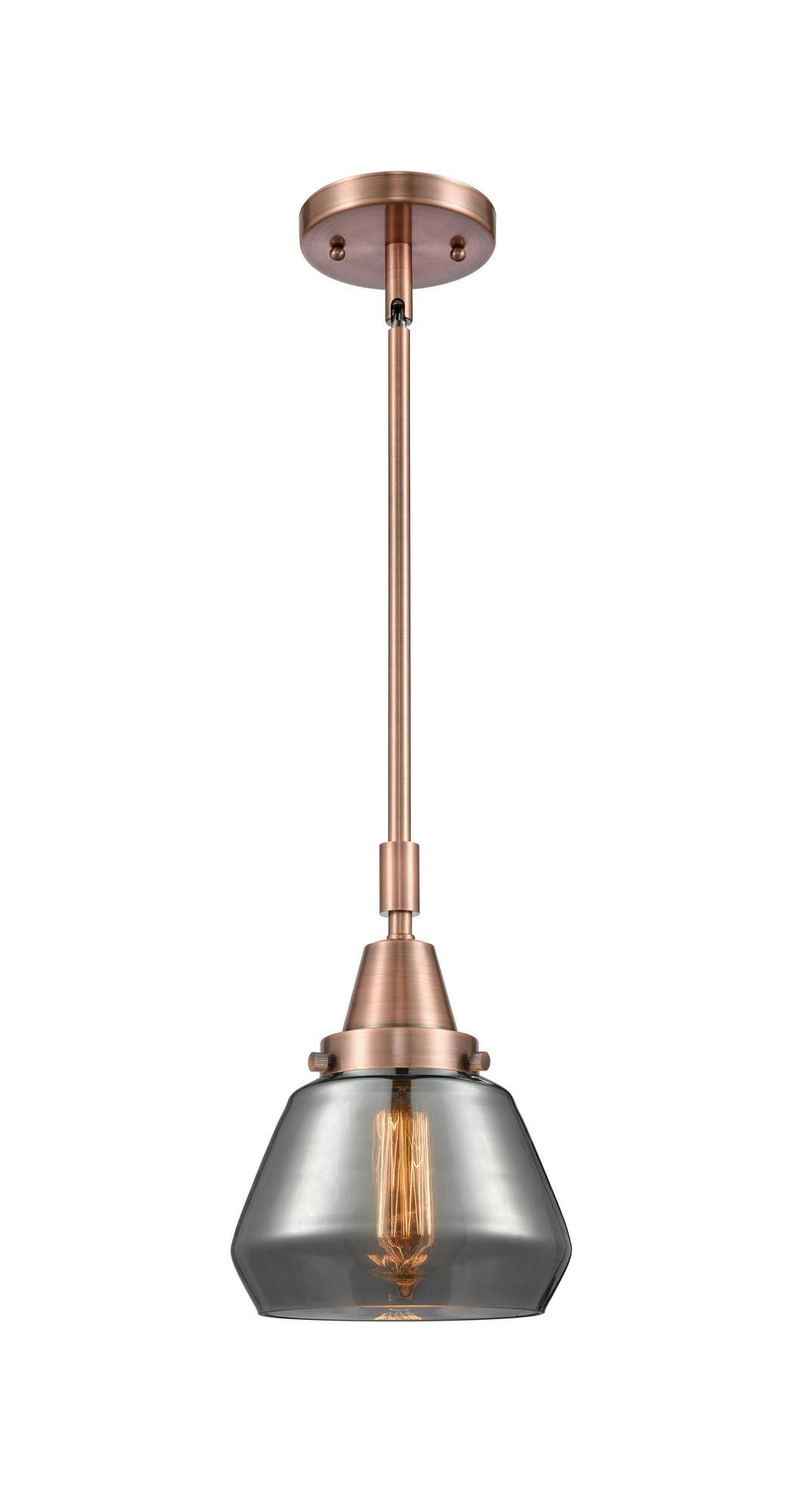 447-1S-AC-G173 Stem Hung 7" Antique Copper Mini Pendant - Plated Smoke Fulton Glass - LED Bulb - Dimmensions: 7 x 7 x 10.125<br>Minimum Height : 13.125<br>Maximum Height : 43.125 - Sloped Ceiling Compatible: Yes