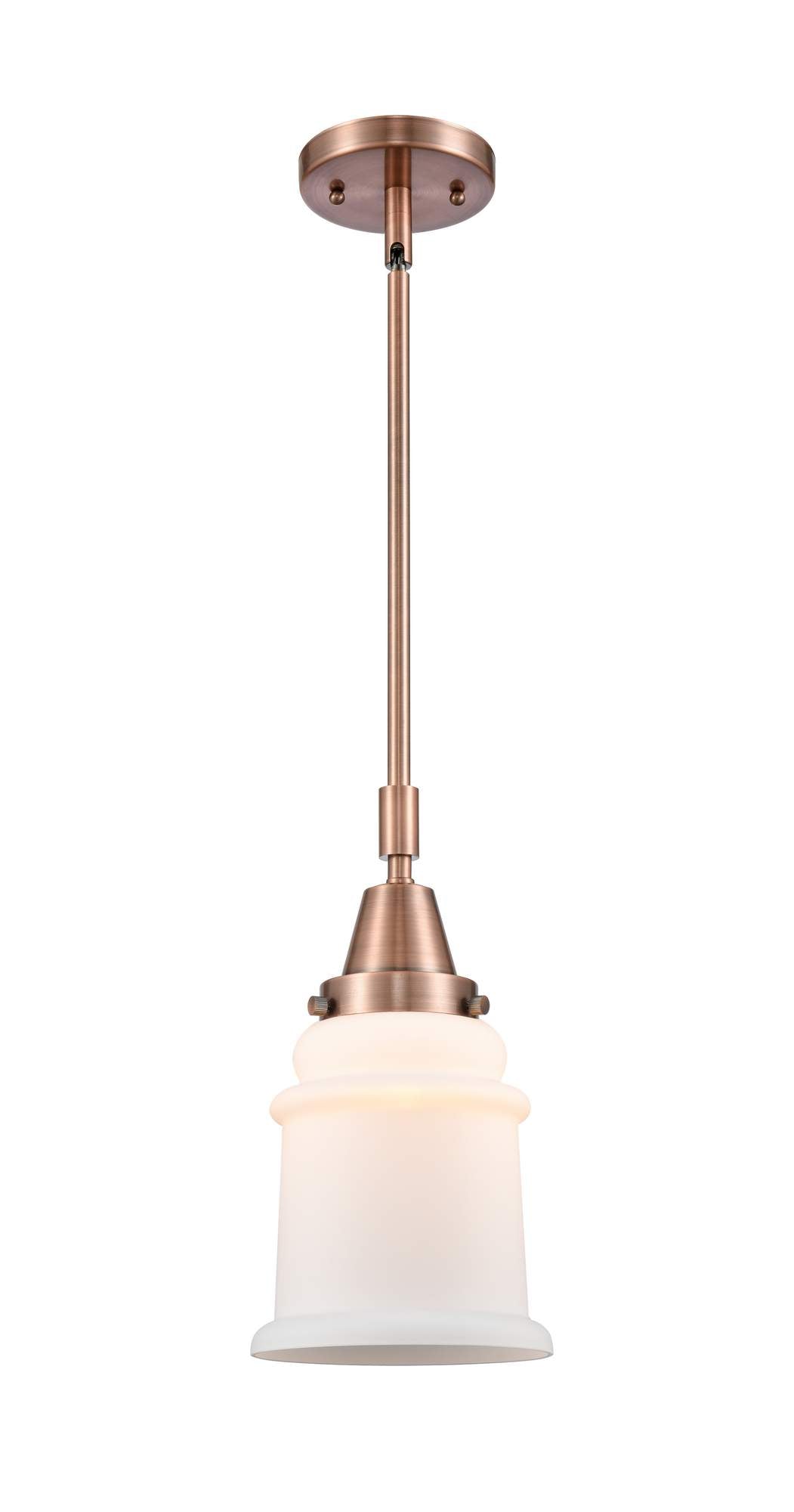 447-1S-AC-G181 Stem Hung 6.5" Antique Copper Mini Pendant - Matte White Canton Glass - LED Bulb - Dimmensions: 6.5 x 6.5 x 11.125<br>Minimum Height : 14.125<br>Maximum Height : 44.125 - Sloped Ceiling Compatible: Yes