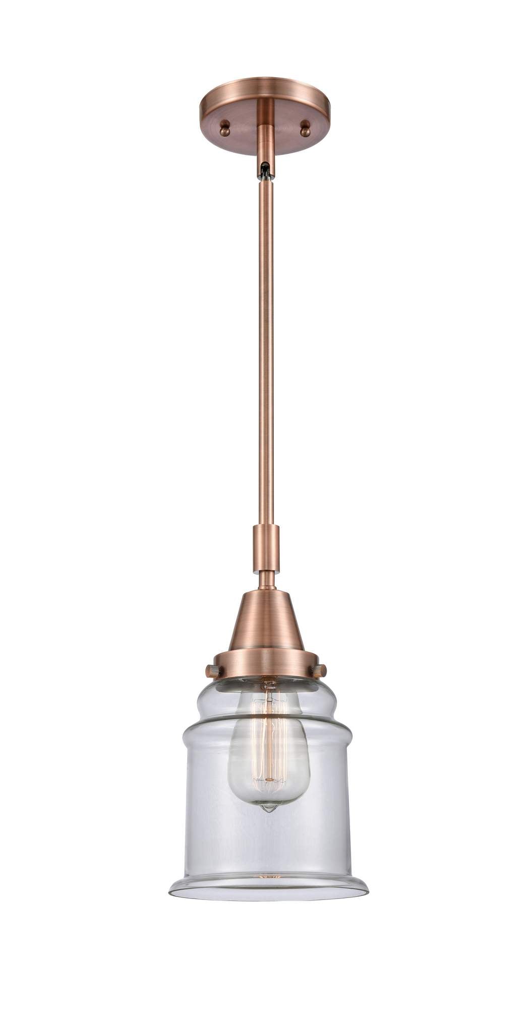 447-1S-AC-G182 Stem Hung 6.5" Antique Copper Mini Pendant - Clear Canton Glass - LED Bulb - Dimmensions: 6.5 x 6.5 x 11.125<br>Minimum Height : 14.125<br>Maximum Height : 44.125 - Sloped Ceiling Compatible: Yes