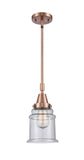 447-1S-AC-G184 Stem Hung 6.5" Antique Copper Mini Pendant - Seedy Canton Glass - LED Bulb - Dimmensions: 6.5 x 6.5 x 11.125<br>Minimum Height : 14.125<br>Maximum Height : 44.125 - Sloped Ceiling Compatible: Yes