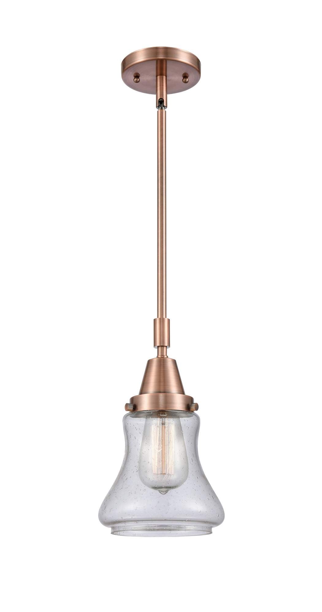 447-1S-AC-G194 Stem Hung 6.5" Antique Copper Mini Pendant - Seedy Bellmont Glass - LED Bulb - Dimmensions: 6.5 x 6.5 x 11.125<br>Minimum Height : 14.125<br>Maximum Height : 44.125 - Sloped Ceiling Compatible: Yes