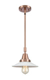 447-1S-AC-G1 Stem Hung 8.5" Antique Copper Mini Pendant - White Halophane Glass - LED Bulb - Dimmensions: 8.5 x 8.5 x 9.125<br>Minimum Height : 12.125<br>Maximum Height : 42.125 - Sloped Ceiling Compatible: Yes