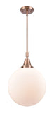 447-1S-AC-G201-12 Stem Hung 12" Antique Copper Mini Pendant - Matte White Cased Beacon Glass - LED Bulb - Dimmensions: 12 x 12 x 16.125<br>Minimum Height : 19.125<br>Maximum Height : 49.125 - Sloped Ceiling Compatible: Yes