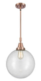 447-1S-AC-G202-12 Stem Hung 12" Antique Copper Mini Pendant - Clear Beacon Glass - LED Bulb - Dimmensions: 12 x 12 x 16.125<br>Minimum Height : 19.125<br>Maximum Height : 49.125 - Sloped Ceiling Compatible: Yes