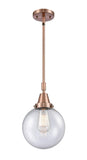 447-1S-AC-G204-8 Stem Hung 8" Antique Copper Mini Pendant - Seedy Beacon Glass - LED Bulb - Dimmensions: 8 x 8 x 12.625<br>Minimum Height : 15.625<br>Maximum Height : 45.625 - Sloped Ceiling Compatible: Yes