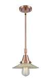 447-1S-AC-G2 Stem Hung 8.5" Antique Copper Mini Pendant - Clear Halophane Glass - LED Bulb - Dimmensions: 8.5 x 8.5 x 9.125<br>Minimum Height : 12.125<br>Maximum Height : 42.125 - Sloped Ceiling Compatible: Yes