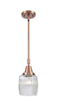447-1S-AC-G302 Stem Hung 5.5" Antique Copper Mini Pendant - Thick Clear Halophane Colton Glass - LED Bulb - Dimmensions: 5.5 x 5.5 x 9.625<br>Minimum Height : 12.625<br>Maximum Height : 42.625 - Sloped Ceiling Compatible: Yes