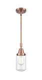 447-1S-AC-G312 Stem Hung 4.5" Antique Copper Mini Pendant - Clear Dover Glass - LED Bulb - Dimmensions: 4.5 x 4.5 x 11.375<br>Minimum Height : 14.375<br>Maximum Height : 44.375 - Sloped Ceiling Compatible: Yes