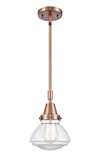 447-1S-AC-G322 Stem Hung 6.75" Antique Copper Mini Pendant - Clear Olean Glass - LED Bulb - Dimmensions: 6.75 x 6.75 x 8.875<br>Minimum Height : 11.875<br>Maximum Height : 41.875 - Sloped Ceiling Compatible: Yes