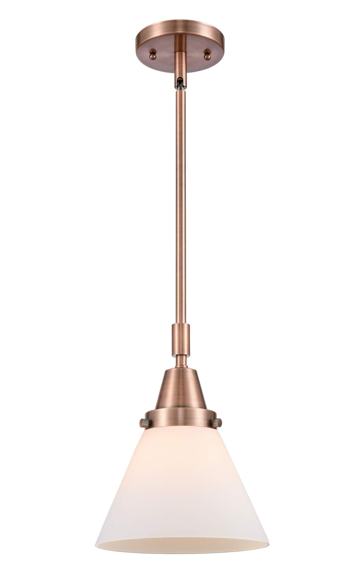 447-1S-AC-G41 Stem Hung 8" Antique Copper Mini Pendant - Matte White Cased Large Cone Glass - LED Bulb - Dimmensions: 8 x 8 x 11.125<br>Minimum Height : 14.125<br>Maximum Height : 44.125 - Sloped Ceiling Compatible: Yes
