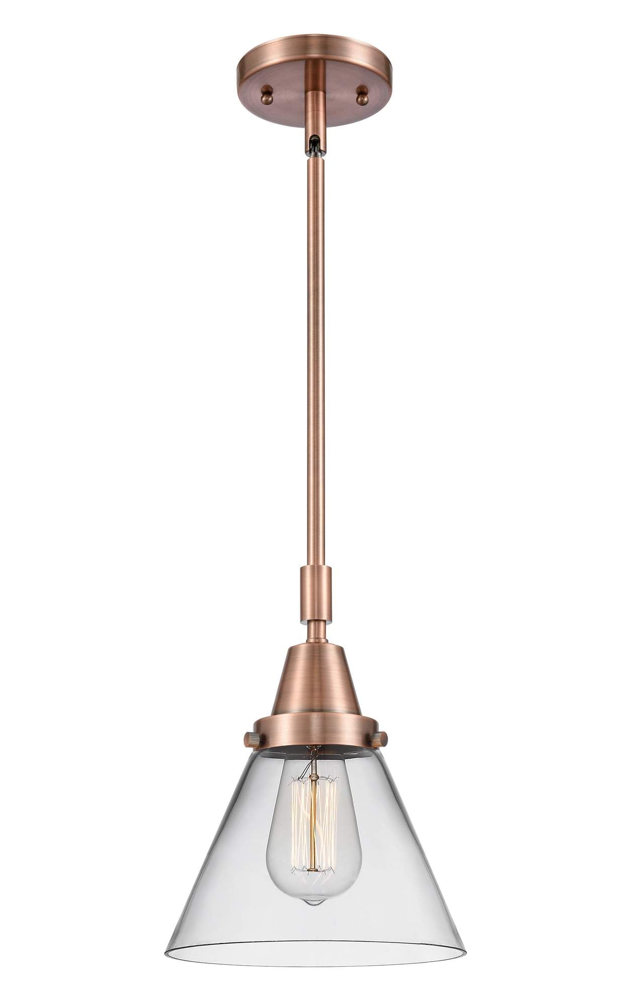 447-1S-AC-G42 Stem Hung 8" Antique Copper Mini Pendant - Clear Large Cone Glass - LED Bulb - Dimmensions: 8 x 8 x 11.125<br>Minimum Height : 14.125<br>Maximum Height : 44.125 - Sloped Ceiling Compatible: Yes