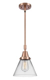 447-1S-AC-G42 Stem Hung 8" Antique Copper Mini Pendant - Clear Large Cone Glass - LED Bulb - Dimmensions: 8 x 8 x 11.125<br>Minimum Height : 14.125<br>Maximum Height : 44.125 - Sloped Ceiling Compatible: Yes