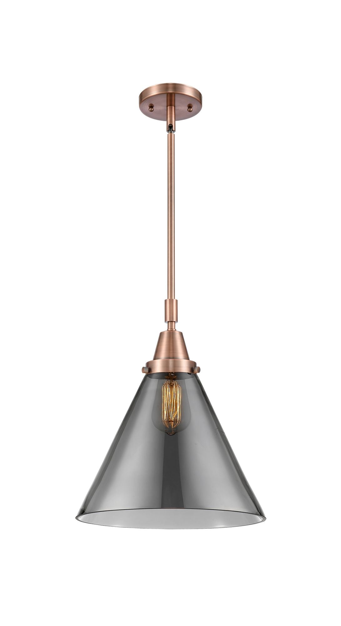 447-1S-AC-G43-L Stem Hung 12" Antique Copper Mini Pendant - Plated Smoke Cone 12" Glass - LED Bulb - Dimmensions: 12 x 12 x 17.125<br>Minimum Height : 20.125<br>Maximum Height : 50.125 - Sloped Ceiling Compatible: Yes