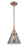 447-1S-AC-G43 Stem Hung 8" Antique Copper Mini Pendant - Plated Smoke Large Cone Glass - LED Bulb - Dimmensions: 8 x 8 x 11.125<br>Minimum Height : 14.125<br>Maximum Height : 44.125 - Sloped Ceiling Compatible: Yes