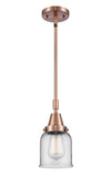 447-1S-AC-G52 Stem Hung 5" Antique Copper Mini Pendant - Clear Small Bell Glass - LED Bulb - Dimmensions: 5 x 5 x 11.125<br>Minimum Height : 14.125<br>Maximum Height : 44.125 - Sloped Ceiling Compatible: Yes