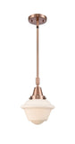 447-1S-AC-G531 Stem Hung 7.5" Antique Copper Mini Pendant - Matte White Cased Small Oxford Glass - LED Bulb - Dimmensions: 7.5 x 7.5 x 9.125<br>Minimum Height : 12.125<br>Maximum Height : 42.125 - Sloped Ceiling Compatible: Yes