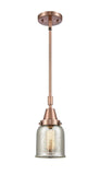 447-1S-AC-G58 Stem Hung 5" Antique Copper Mini Pendant - Silver Plated Mercury Small Bell Glass - LED Bulb - Dimmensions: 5 x 5 x 11.125<br>Minimum Height : 14.125<br>Maximum Height : 44.125 - Sloped Ceiling Compatible: Yes