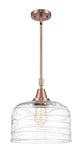 447-1S-AC-G713-L Stem Hung 12" Antique Copper Mini Pendant - Clear Deco Swirl X-Large Bell Glass - LED Bulb - Dimmensions: 12 x 12 x 14.125<br>Minimum Height : 17.125<br>Maximum Height : 47.125 - Sloped Ceiling Compatible: Yes
