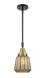 447-1S-BAB-G146 Stem Hung 7" Black Antique Brass Mini Pendant - Mercury Plated Chatham Glass - LED Bulb - Dimmensions: 7 x 7 x 9.125<br>Minimum Height : 12.125<br>Maximum Height : 42.125 - Sloped Ceiling Compatible: Yes