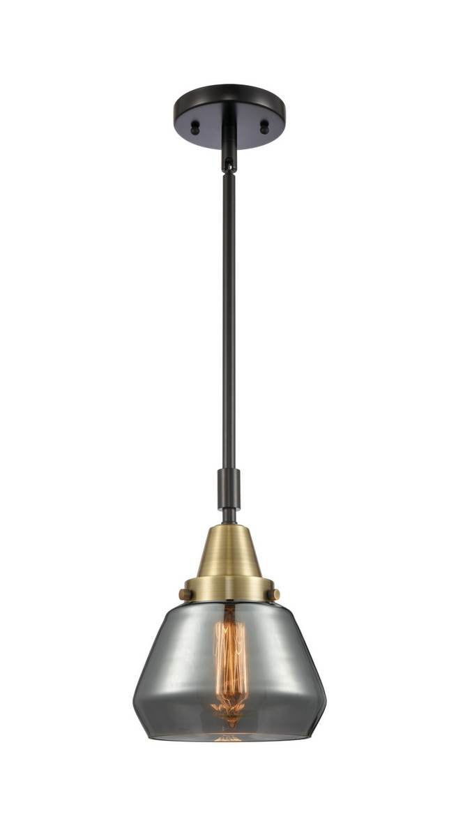447-1S-BAB-G173 Stem Hung 7" Black Antique Brass Mini Pendant - Plated Smoke Fulton Glass - LED Bulb - Dimmensions: 7 x 7 x 10.125<br>Minimum Height : 13.125<br>Maximum Height : 43.125 - Sloped Ceiling Compatible: Yes