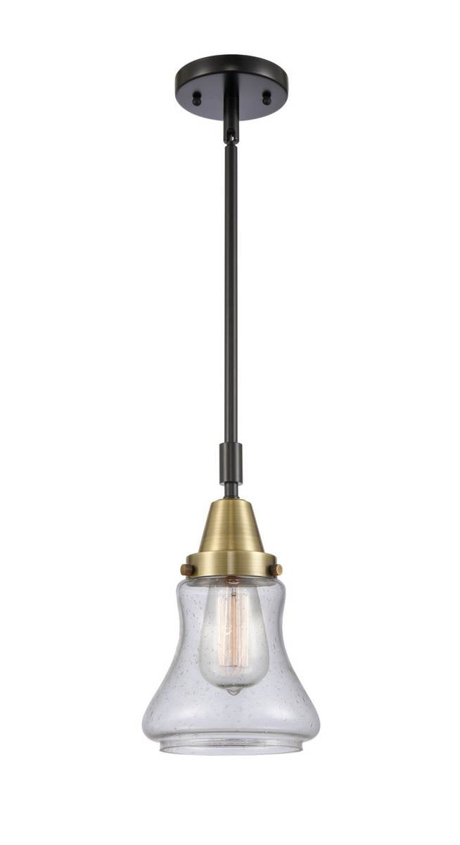 447-1S-BAB-G194 Stem Hung 6.5" Black Antique Brass Mini Pendant - Seedy Bellmont Glass - LED Bulb - Dimmensions: 6.5 x 6.5 x 11.125<br>Minimum Height : 14.125<br>Maximum Height : 44.125 - Sloped Ceiling Compatible: Yes
