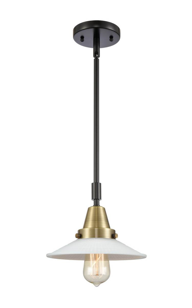 447-1S-BAB-G1 Stem Hung 8.5" Black Antique Brass Mini Pendant - White Halophane Glass - LED Bulb - Dimmensions: 8.5 x 8.5 x 9.125<br>Minimum Height : 12.125<br>Maximum Height : 42.125 - Sloped Ceiling Compatible: Yes