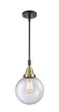 447-1S-BAB-G204-8 Stem Hung 8" Black Antique Brass Mini Pendant - Seedy Beacon Glass - LED Bulb - Dimmensions: 8 x 8 x 12.625<br>Minimum Height : 15.625<br>Maximum Height : 45.625 - Sloped Ceiling Compatible: Yes