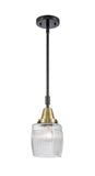447-1S-BAB-G302 Stem Hung 5.5" Black Antique Brass Mini Pendant - Thick Clear Halophane Colton Glass - LED Bulb - Dimmensions: 5.5 x 5.5 x 9.625<br>Minimum Height : 12.625<br>Maximum Height : 42.625 - Sloped Ceiling Compatible: Yes